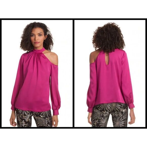 💕TRINA TURK💕 Negroni Top Magenta XS NWT Blouse Satin Georgette One-Shoulder - Picture 2 of 12